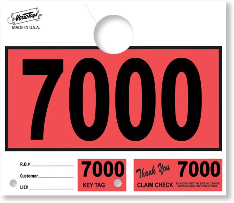 Versa-Tags 1000 Red Car Dealer Service Hang Tags Service Dispatch Numbers, Service Department Numbered Key Tags for Mechanic Repair Shop 3 Part Key Ring - Red (7000-7999) - Image 1